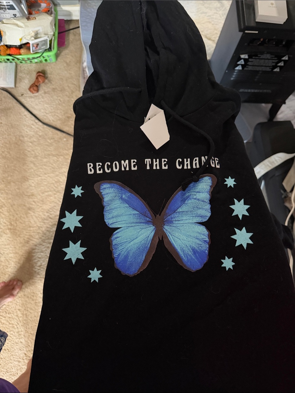 Mighty Fine Black Hoodie with Blue Butterfly Graphic